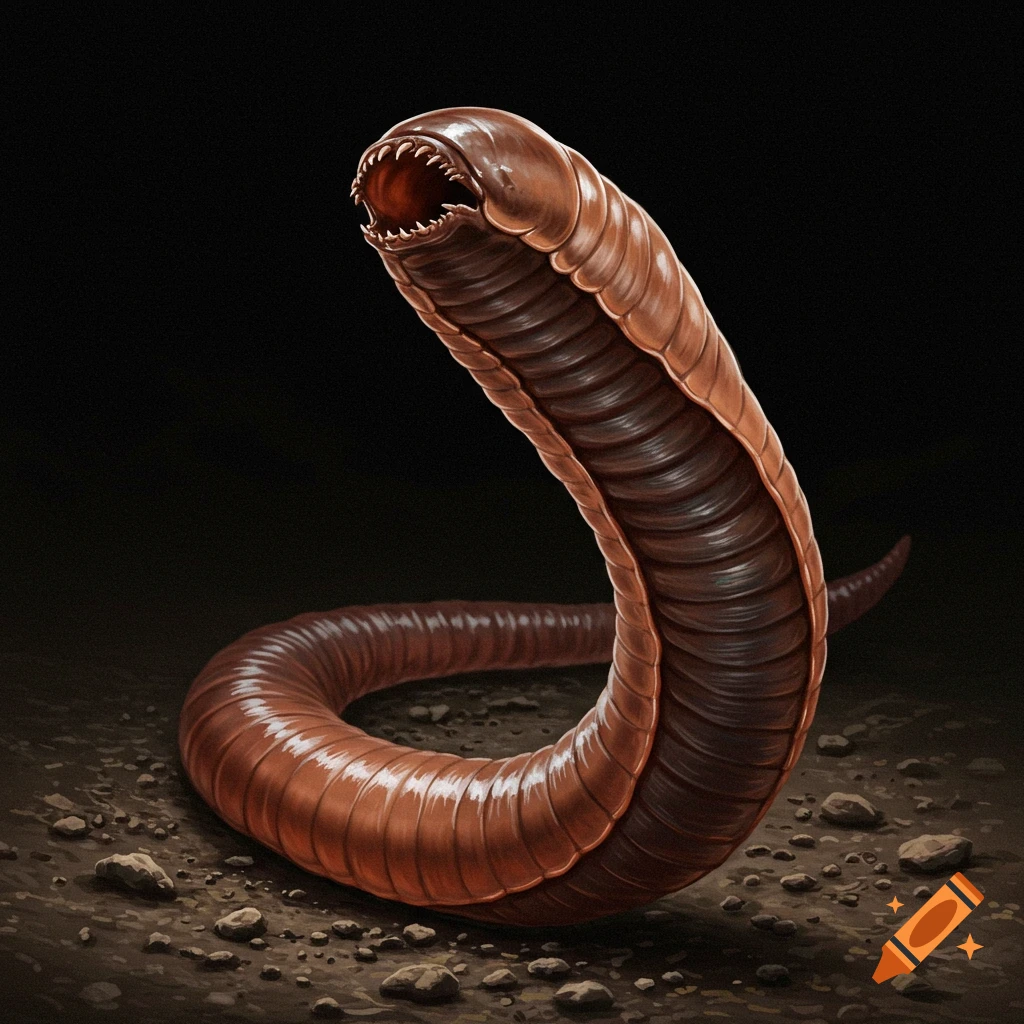 A large, segmented, toothy brown worm-like creature emerges from the ground.