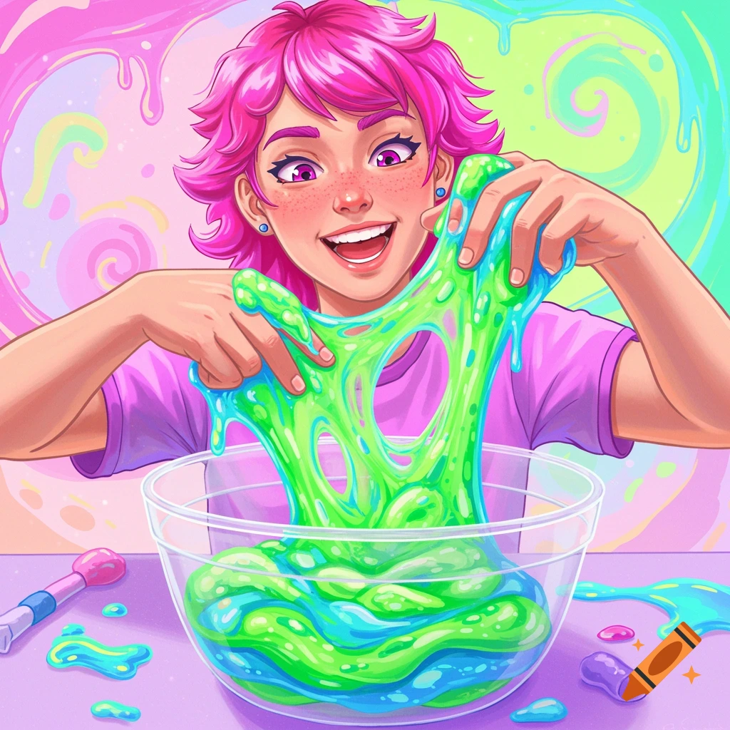 A person with pink hair mixing green and blue slime in a bowl.