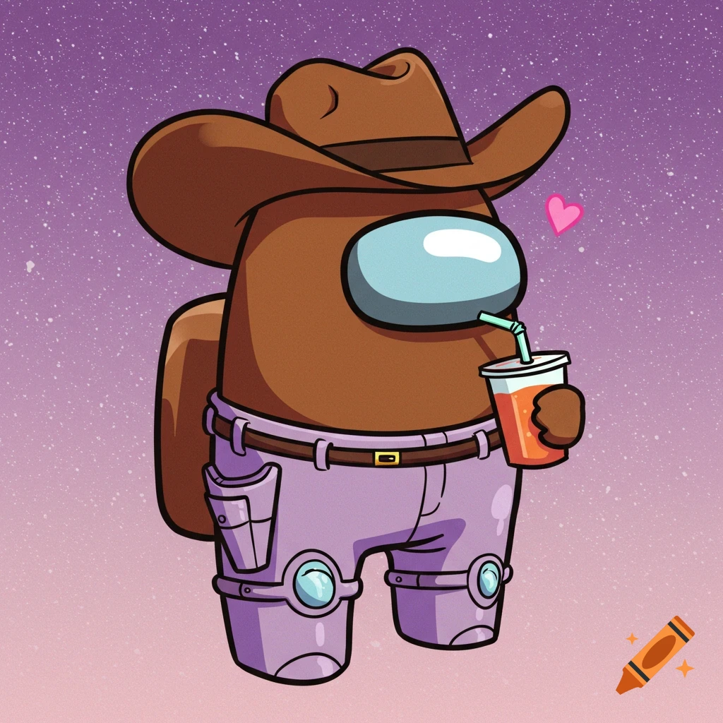 Brown Among Us character wearing a cowboy hat and space pants, drinking from a cup