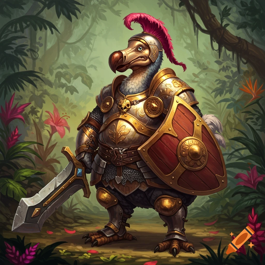 Fat dodo bird warrior in golden armor holding a sword and shield in a jungle.