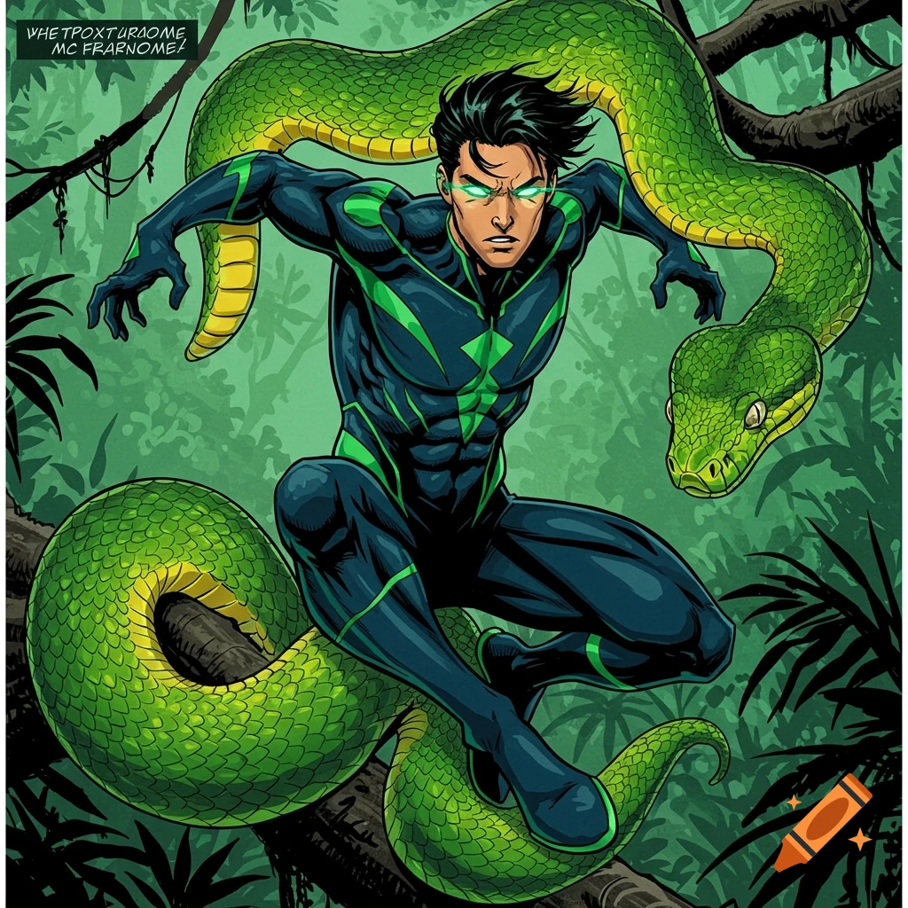 Comic book style superhero with glowing green eyes and suit battling a large green snake in a jungle.