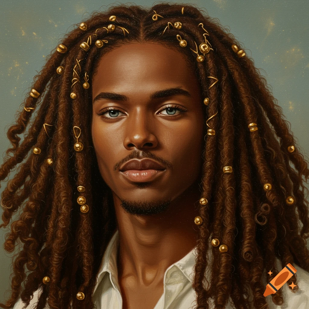 Oil painting portrait of a man with dreadlocks and gold beads