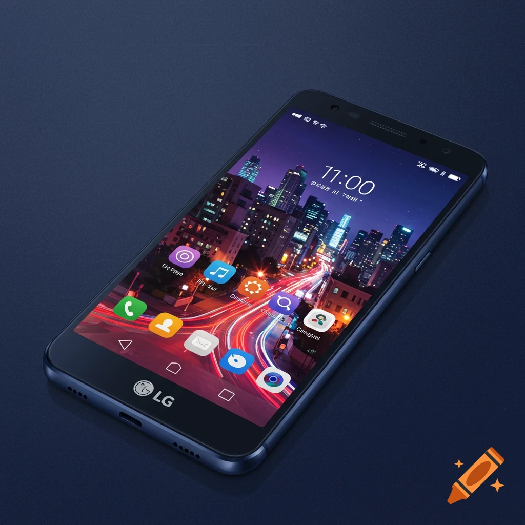 Close-up view of an LG smartphone displaying a night city scene wallpaper, sitting on a dark surface.