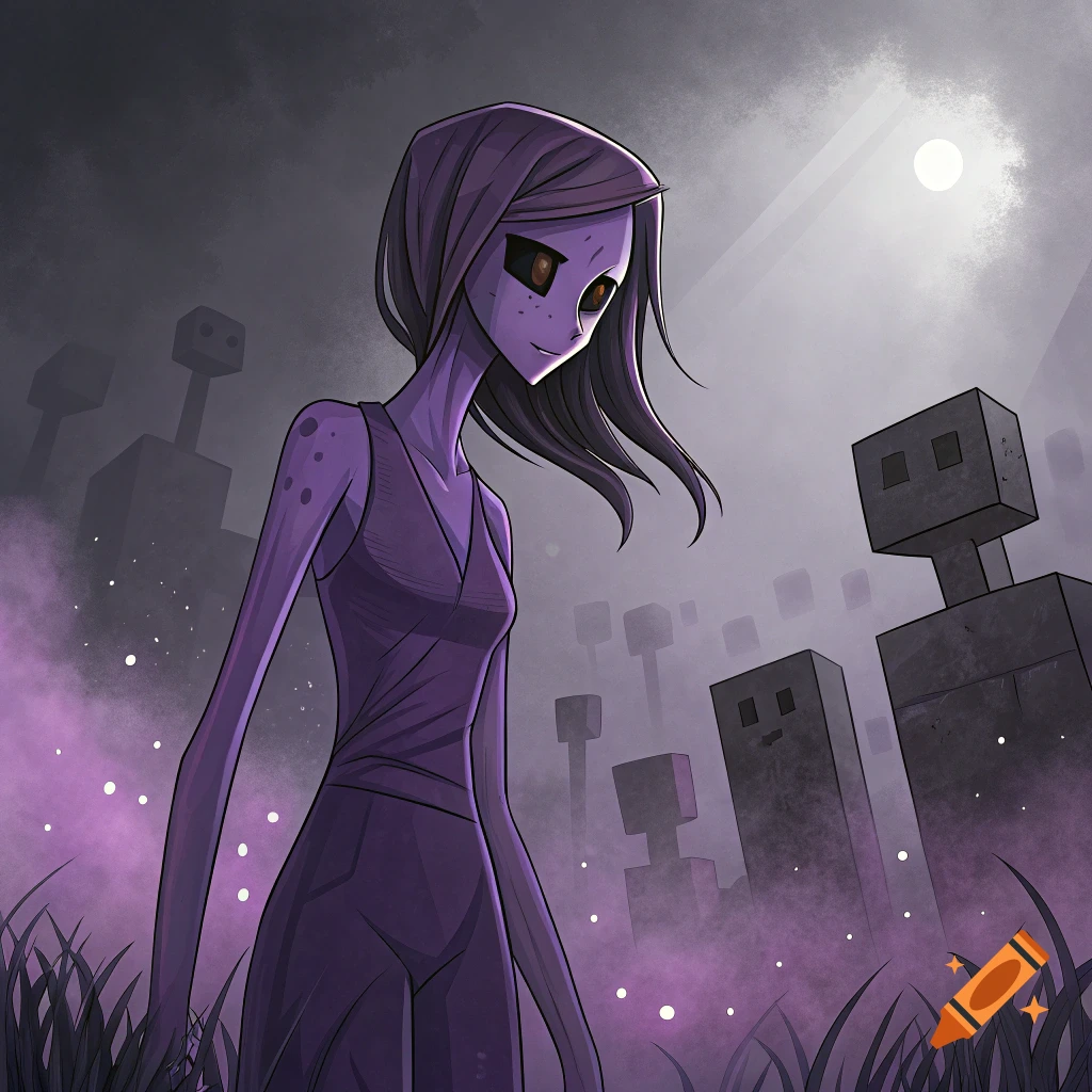 Stylized illustration of a purple-skinned figure with red eyes standing in a dark, misty landscape with blocky figures.