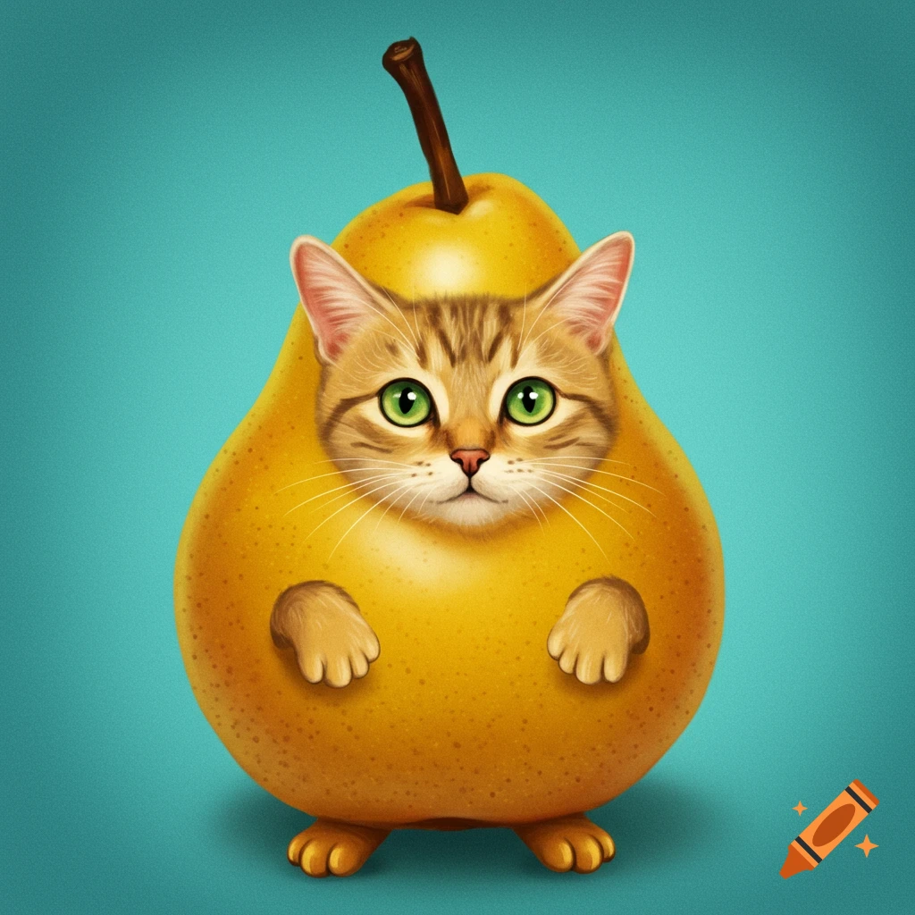 A cat peeking out from inside a pear.