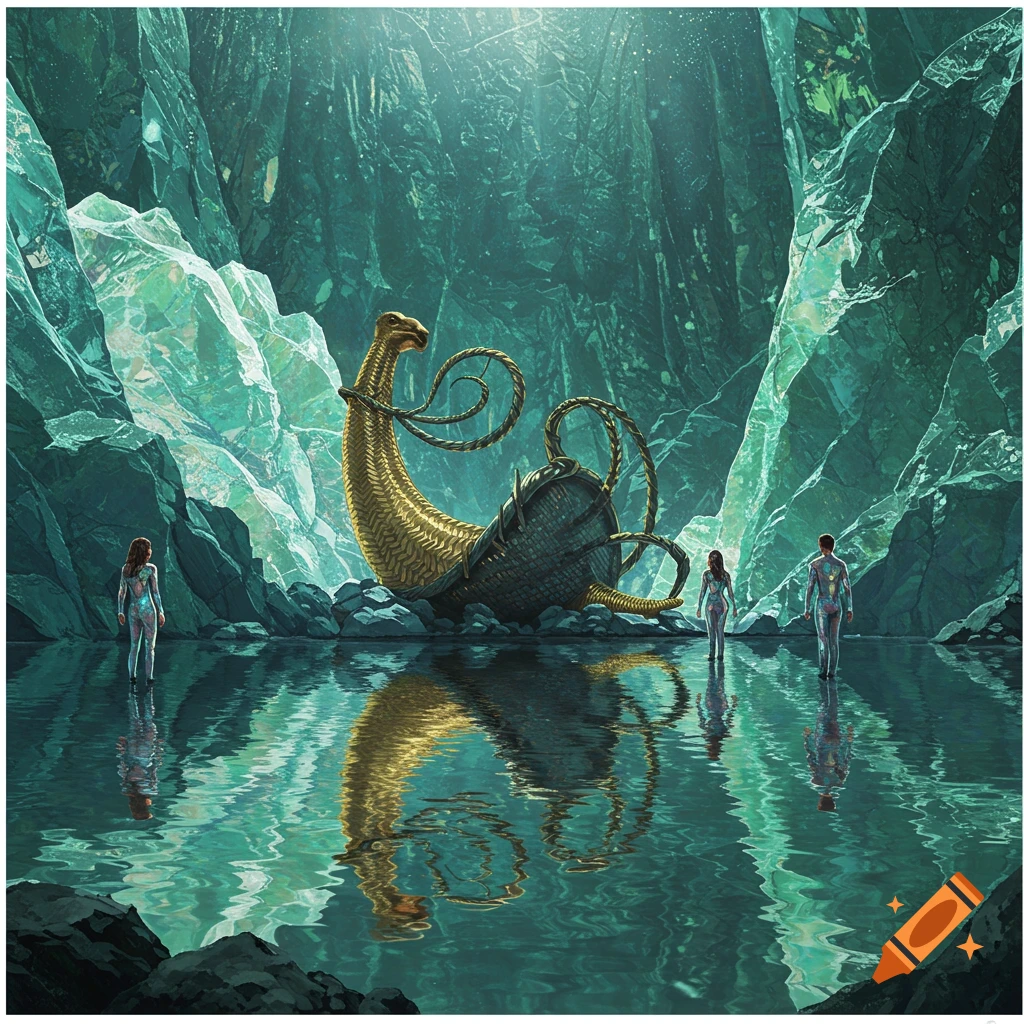 Two figures and a third stand in a cave looking at a large golden structure reflecting in a lake.