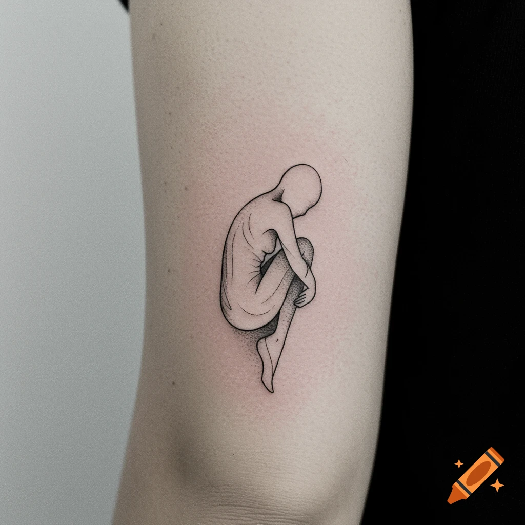 Minimalist black line drawing of a curled-up figure, like a tattoo.