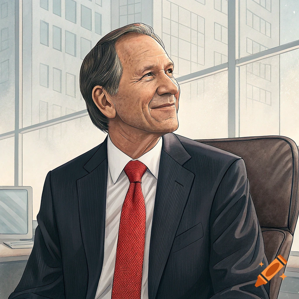 Illustration of a businessman in a suit sitting in an office, looking up.