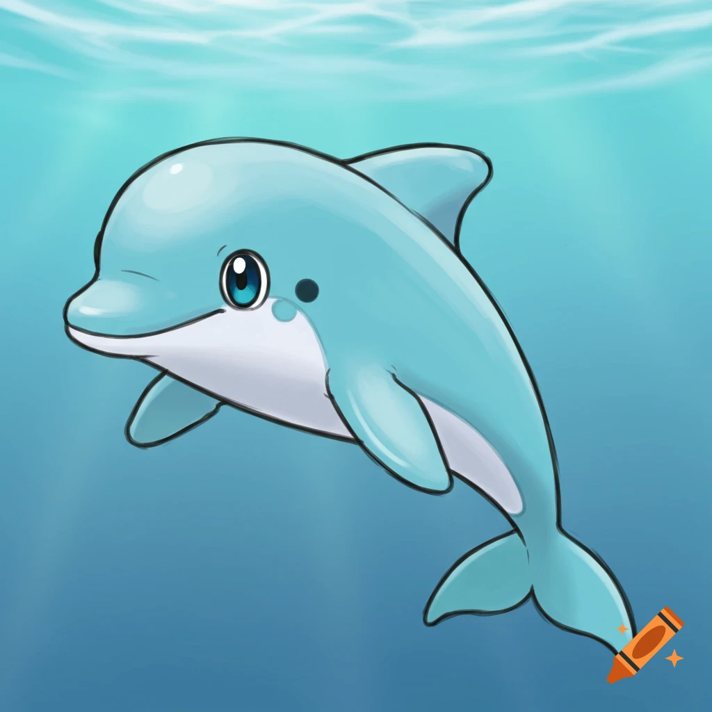 Cute cartoon dolphin swimming underwater