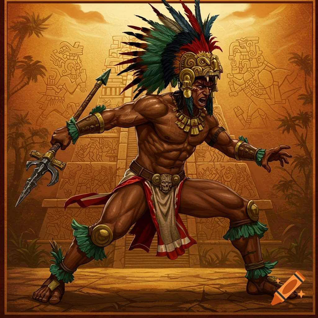 A muscular Aztec warrior in a feathered headdress holding a spear in front of a temple.
