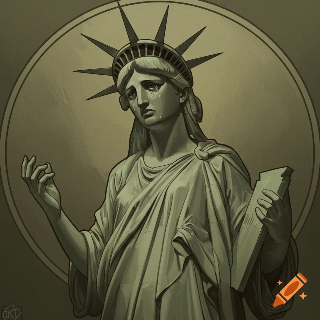 Illustration of a sad Statue of Liberty crying and holding a broken tablet.