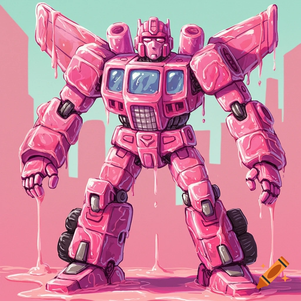 A pink Transformer robot appears to be made of bubble gum, dripping onto the ground in a stylized image.