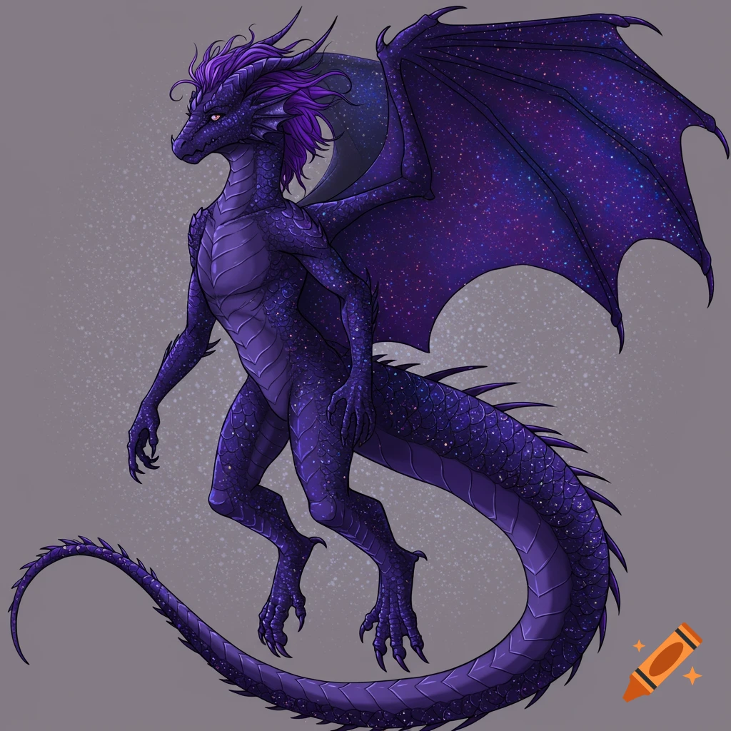 Purple dragon-like fantasy creature with starry scales and purple hair