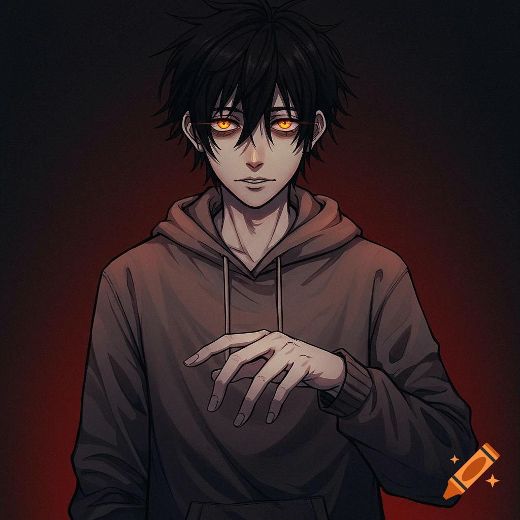 Anime portrait of a young man with dark hair and glowing orange eyes, wearing a brown hoodie and reaching out his hand.