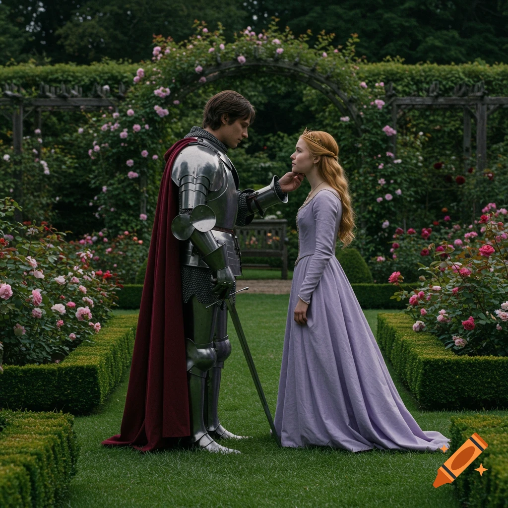 Knight in armor touches princess's chin in a rose garden.