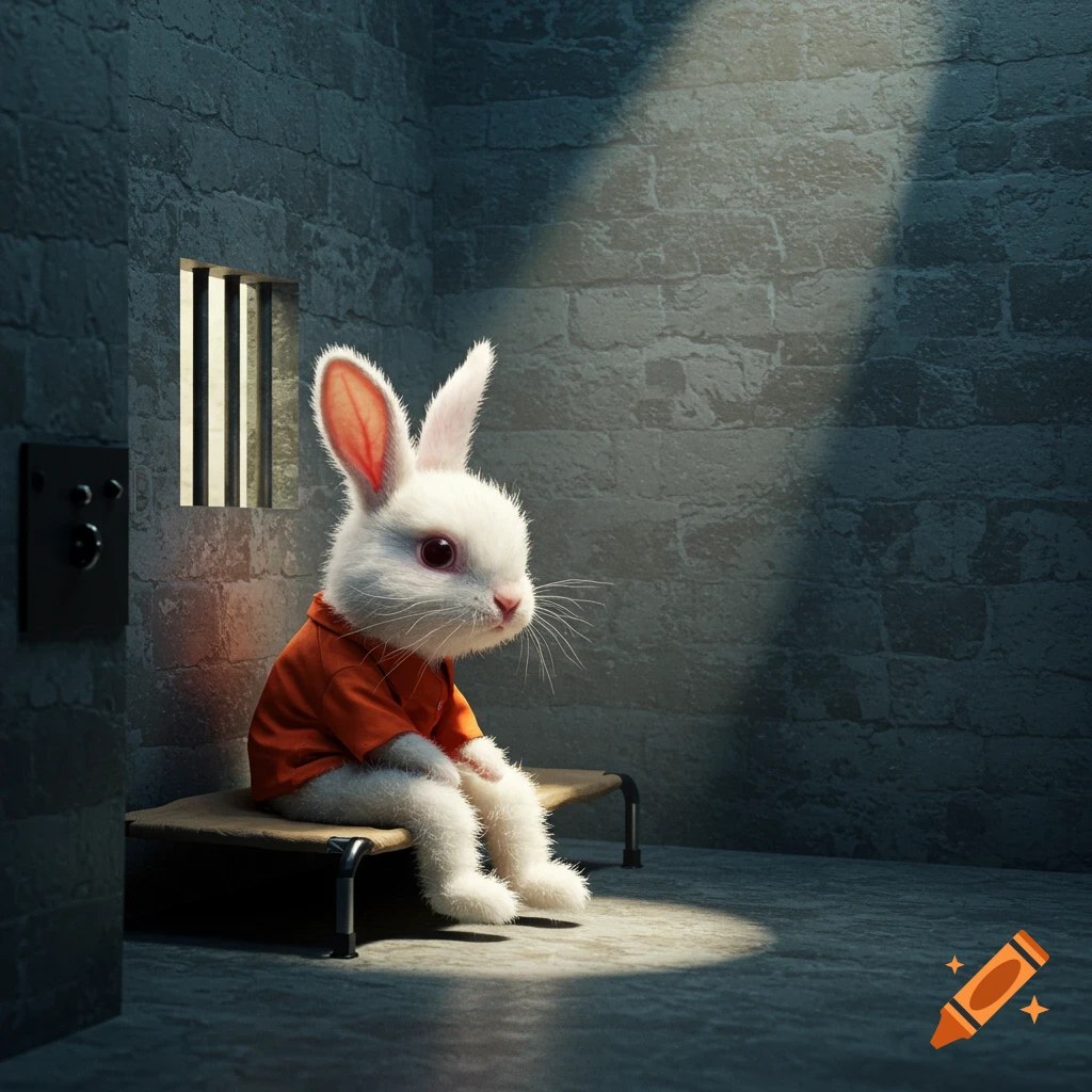 A white rabbit in an orange shirt sits on a cot in a dimly lit prison ...