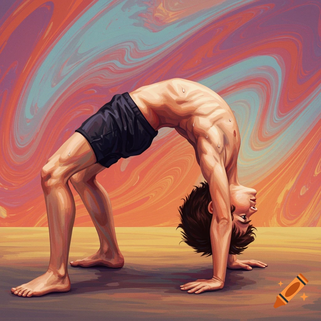 A person doing a backbend stretch against a swirling abstract background.