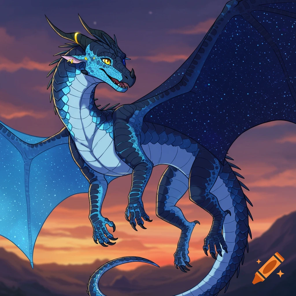 A blue dragon with starry wings flies through the sky at sunset.