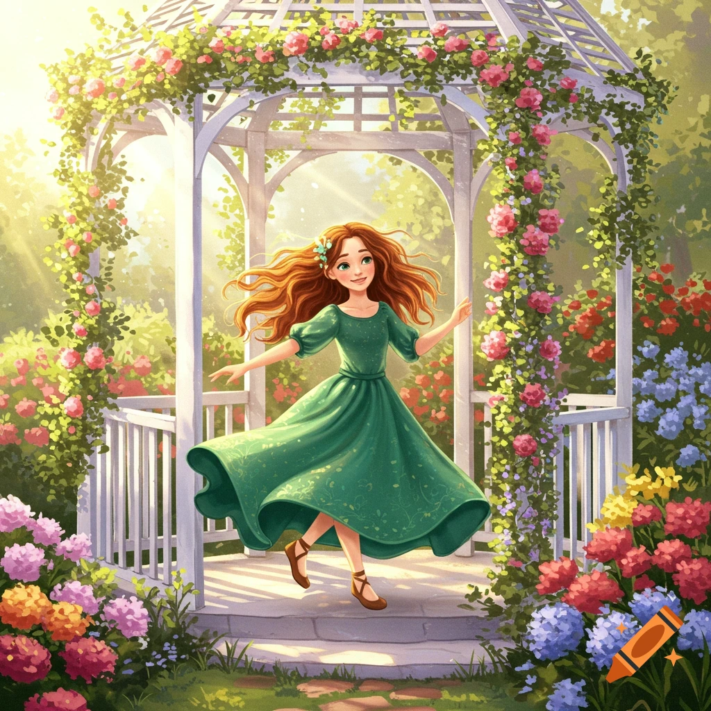 A young girl with red hair dances happily in a flower-filled garden gazebo, illuminated by sunlight.
