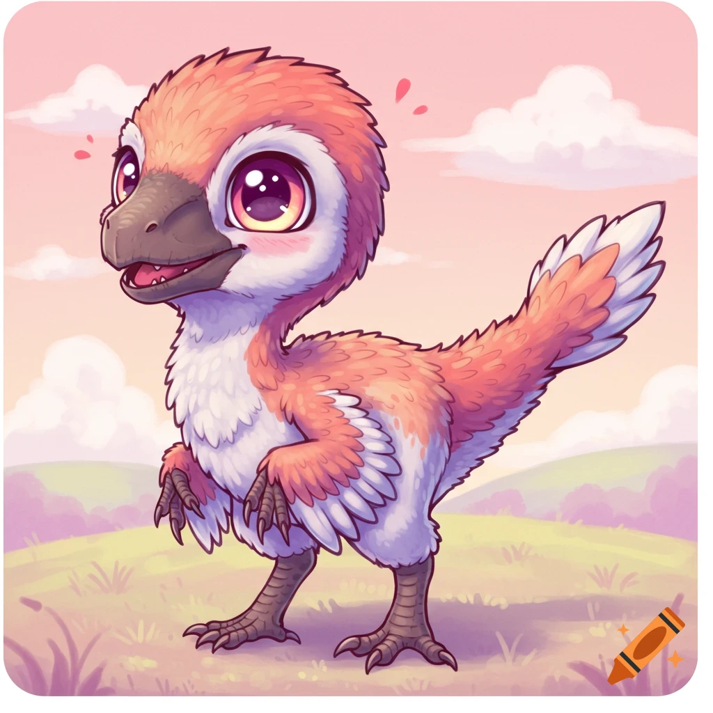 Cute chibi oviraptorsaurus standing in a grassy field.