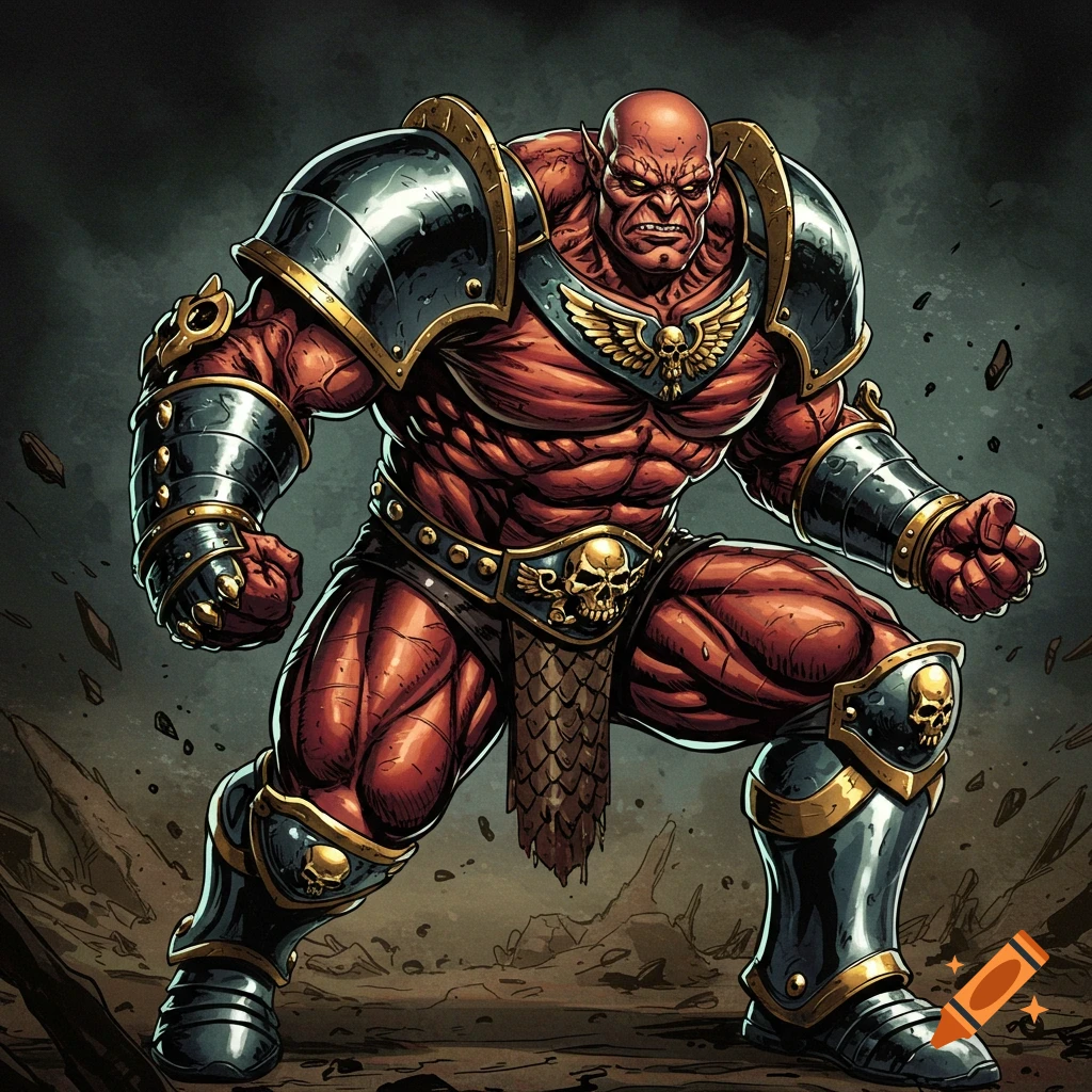 A powerful red-skinned warrior in dark armor with skulls, standing in a rocky landscape.