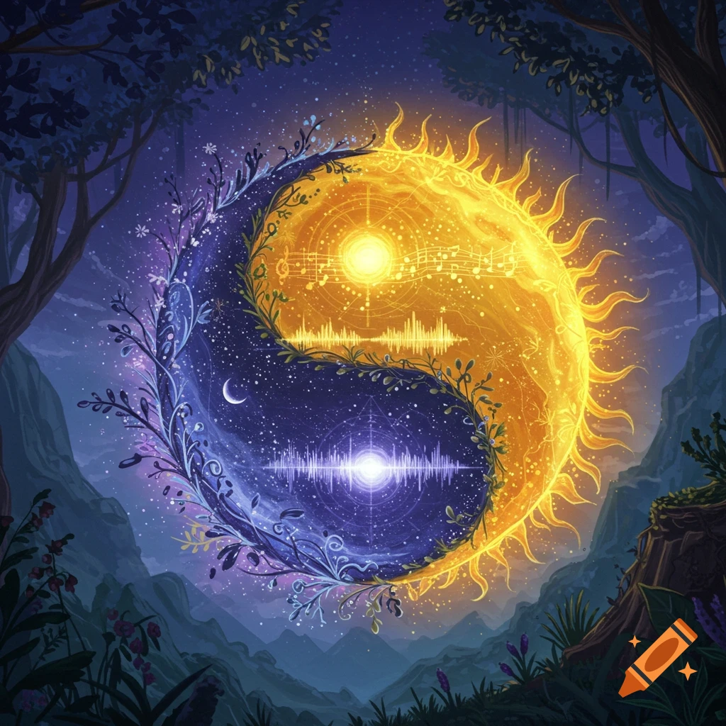 A mystical Yin Yang symbol representing day (sun, music notes) and night (moon, stars) is situated in a forest.