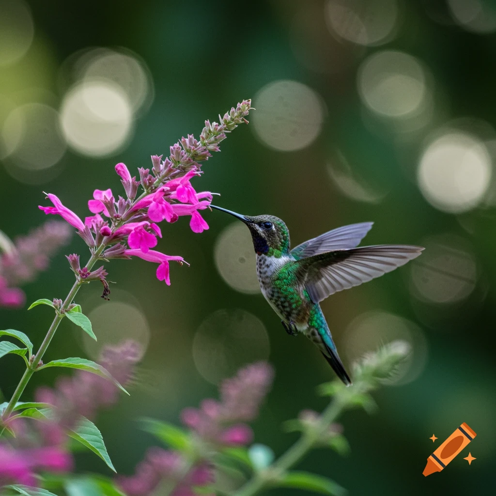 A hummingbird feeds from pink flowers.