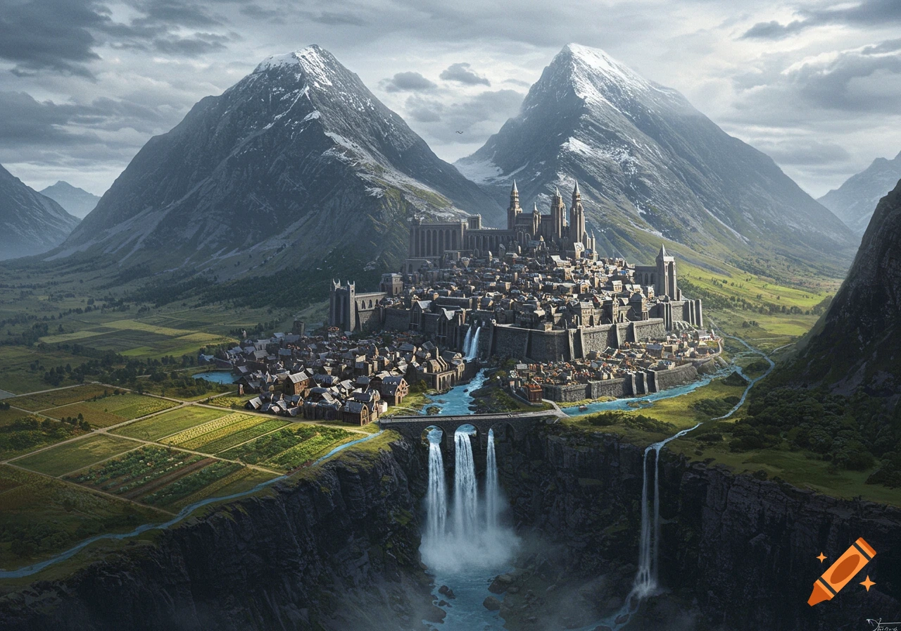 A sprawling fantasy city built into a mountain valley, with waterfalls and farmlands.