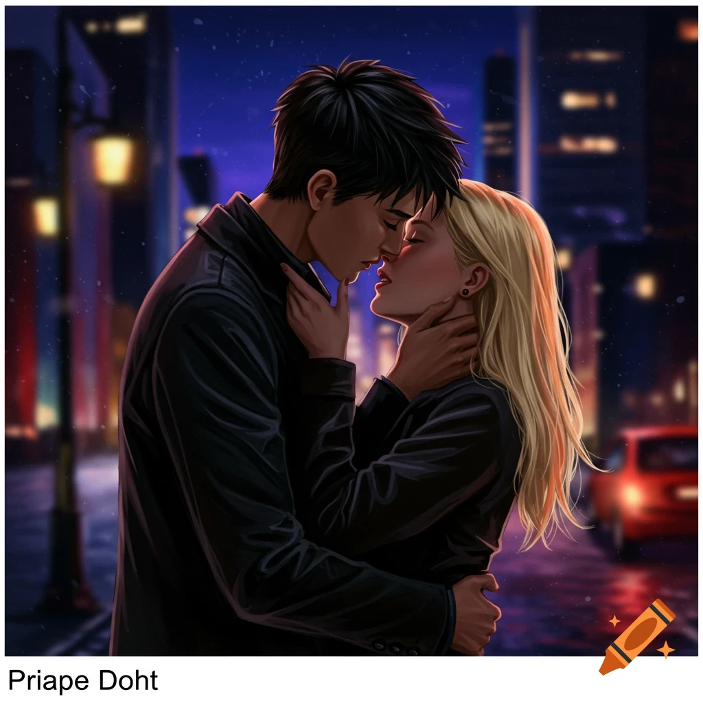 A couple kissing in a city street at night.