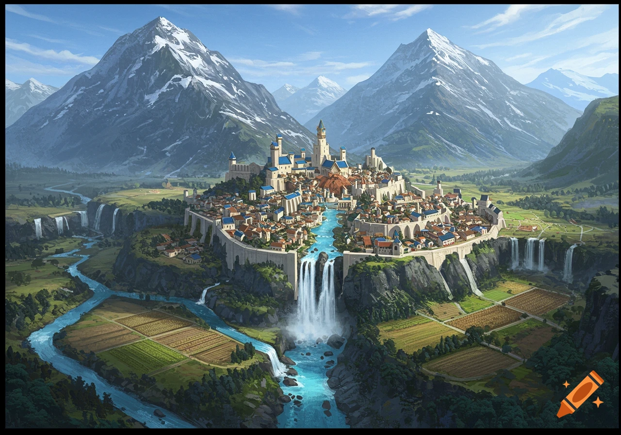 A fantasy city is built on terraces that overlook a valley with mountains and waterfalls.