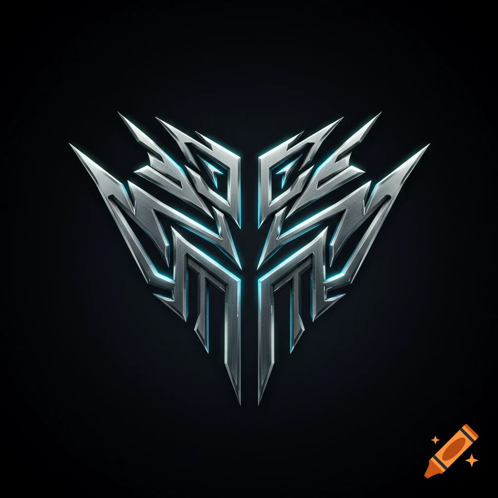 A silver metallic angular logo with glowing blue details on a black background.