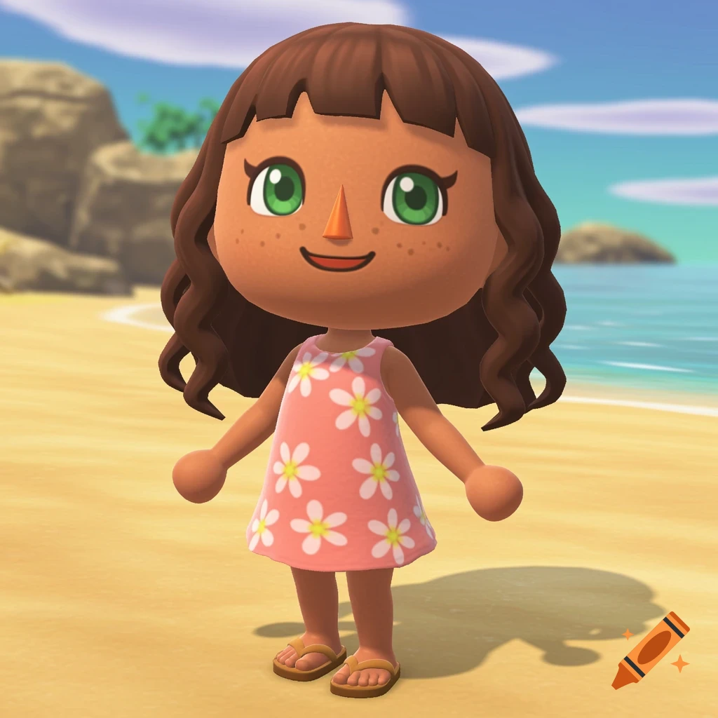 Animal Crossing character with brown hair and pink floral dress on a beach