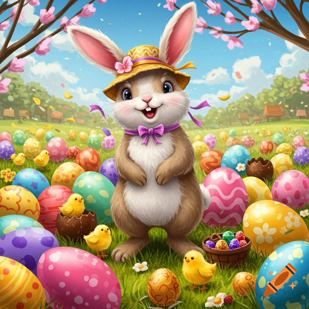 Vibrant image of a happy Easter bunny in a hat surrounded by colorful eggs and chicks.