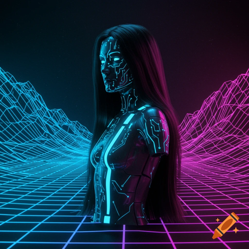 A cybernetic woman with long hair and glowing blue circuits stands in a neon grid landscape.