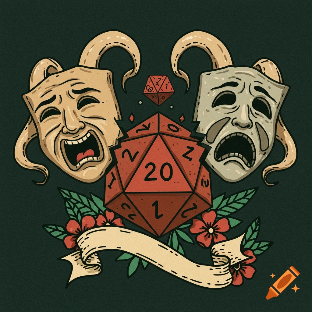 Illustration of comedy and tragedy masks flanking a red 20-sided die showing 20, with a small die showing 1.