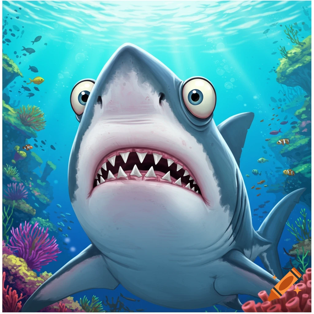 A cartoon shark with wide, confused eyes underwater among coral and small fish