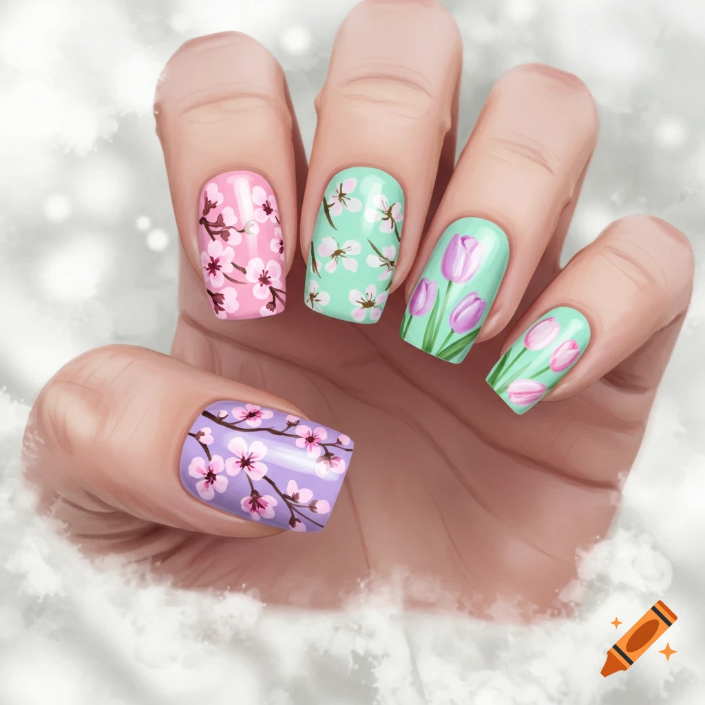 Fingernails painted with pink blossoms and green tulips.