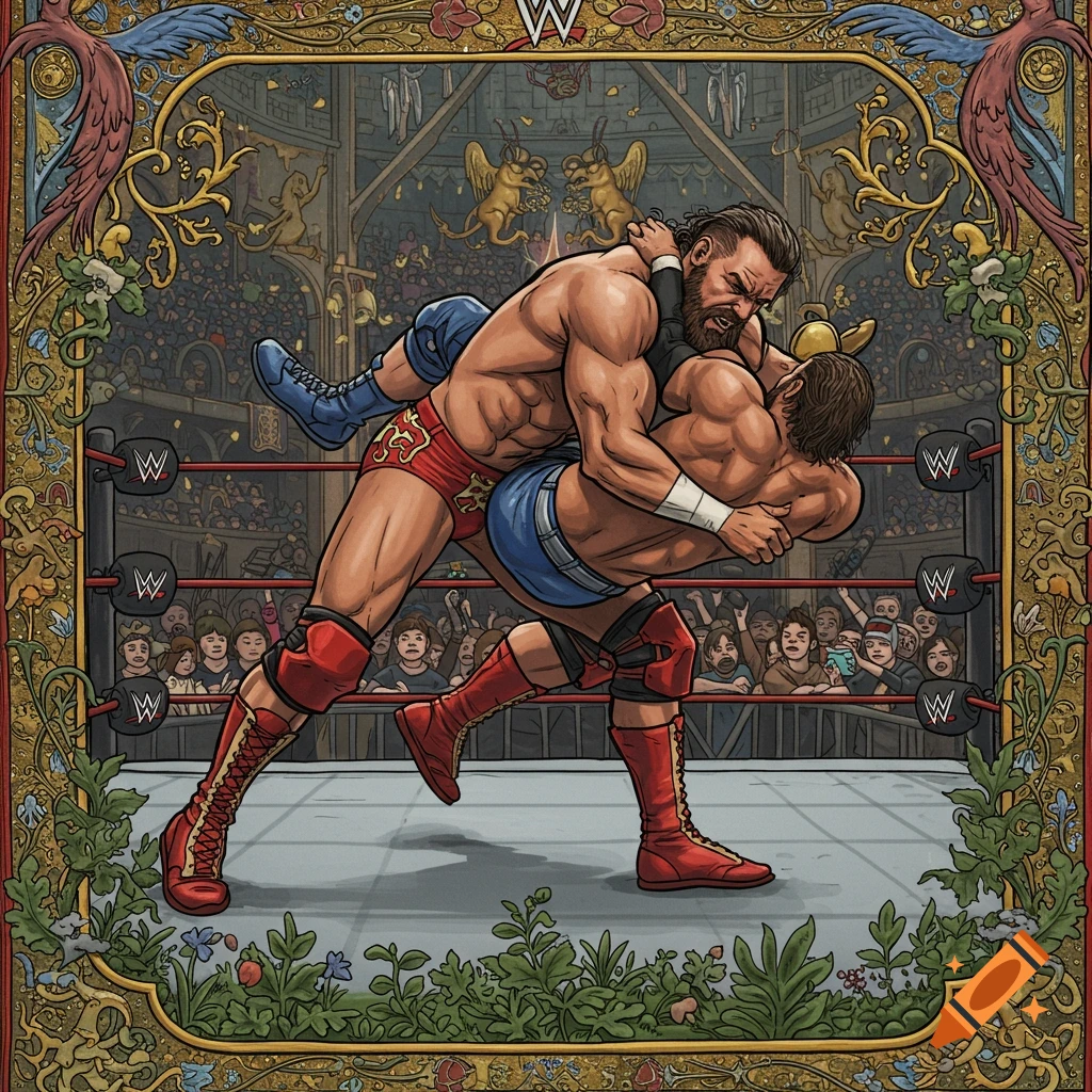 Two muscular wrestlers grappling in a ring, framed by a detailed medieval illuminated manuscript-style border.