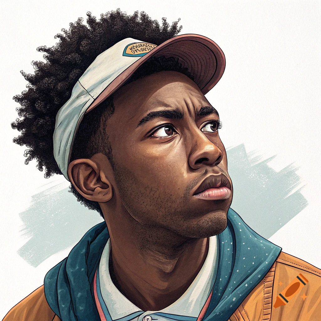 Illustrative portrait of a young Black man wearing a visor, looking up with a serious expression.
