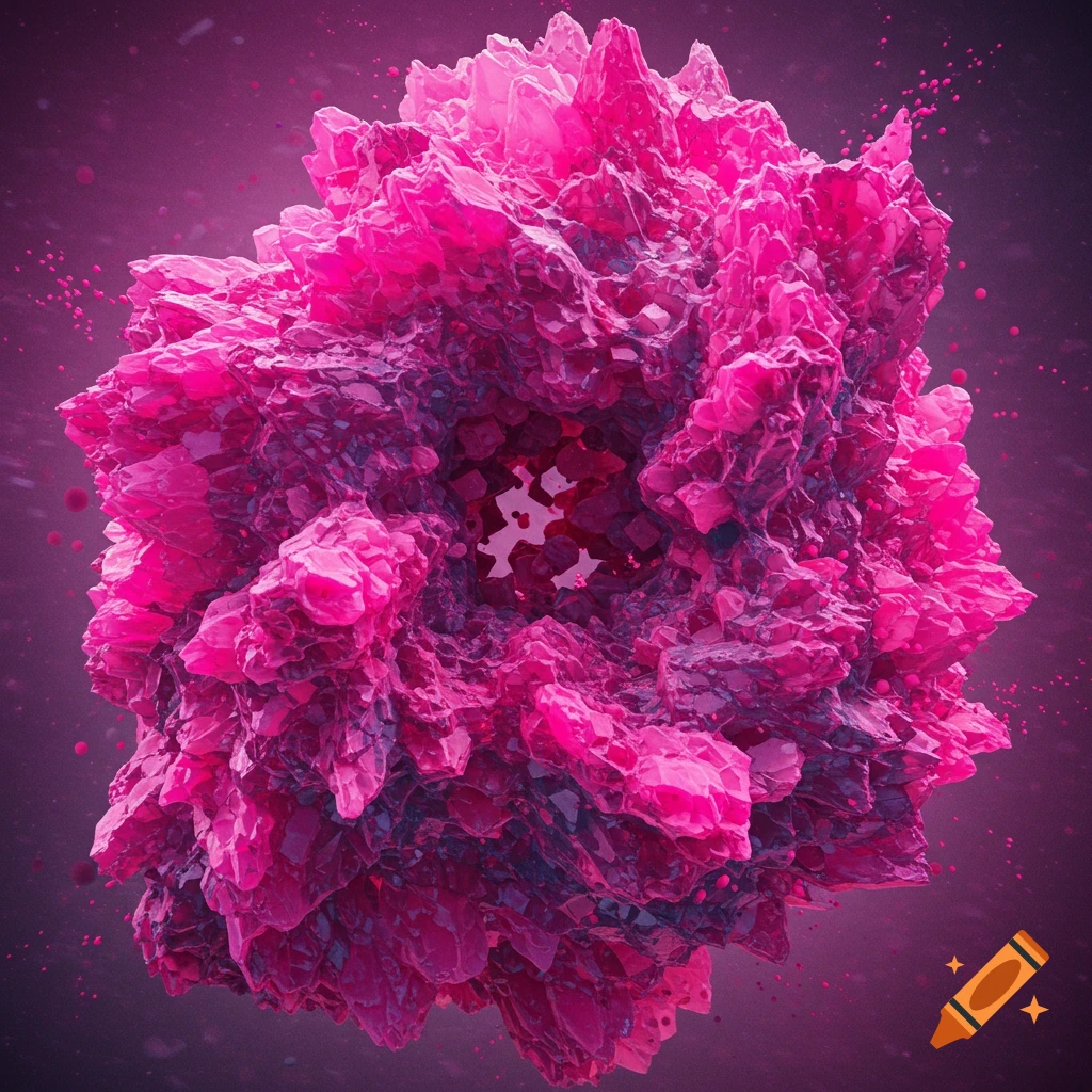An abstract, detailed rendering of a pink crystalline structure with glowing elements.