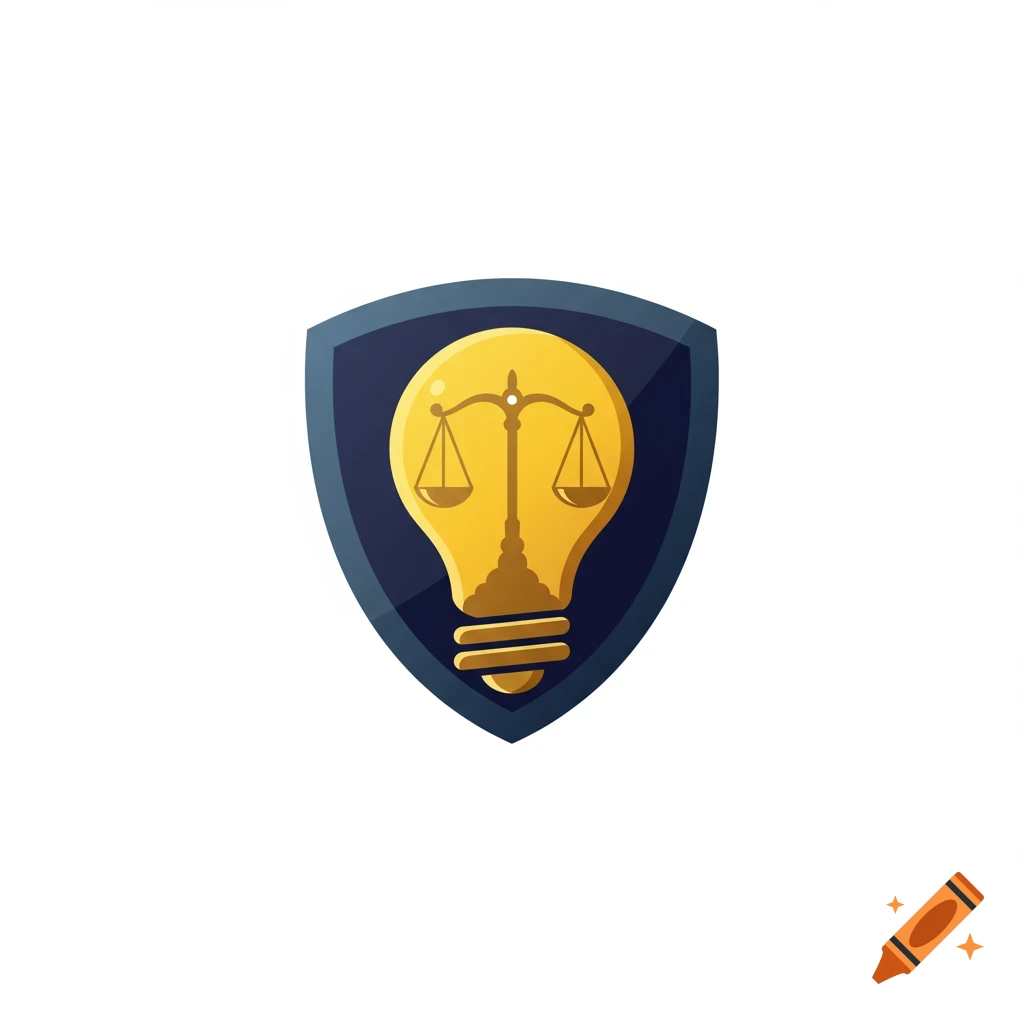Logo featuring a yellow lightbulb with scales of justice inside, set within a dark blue shield.