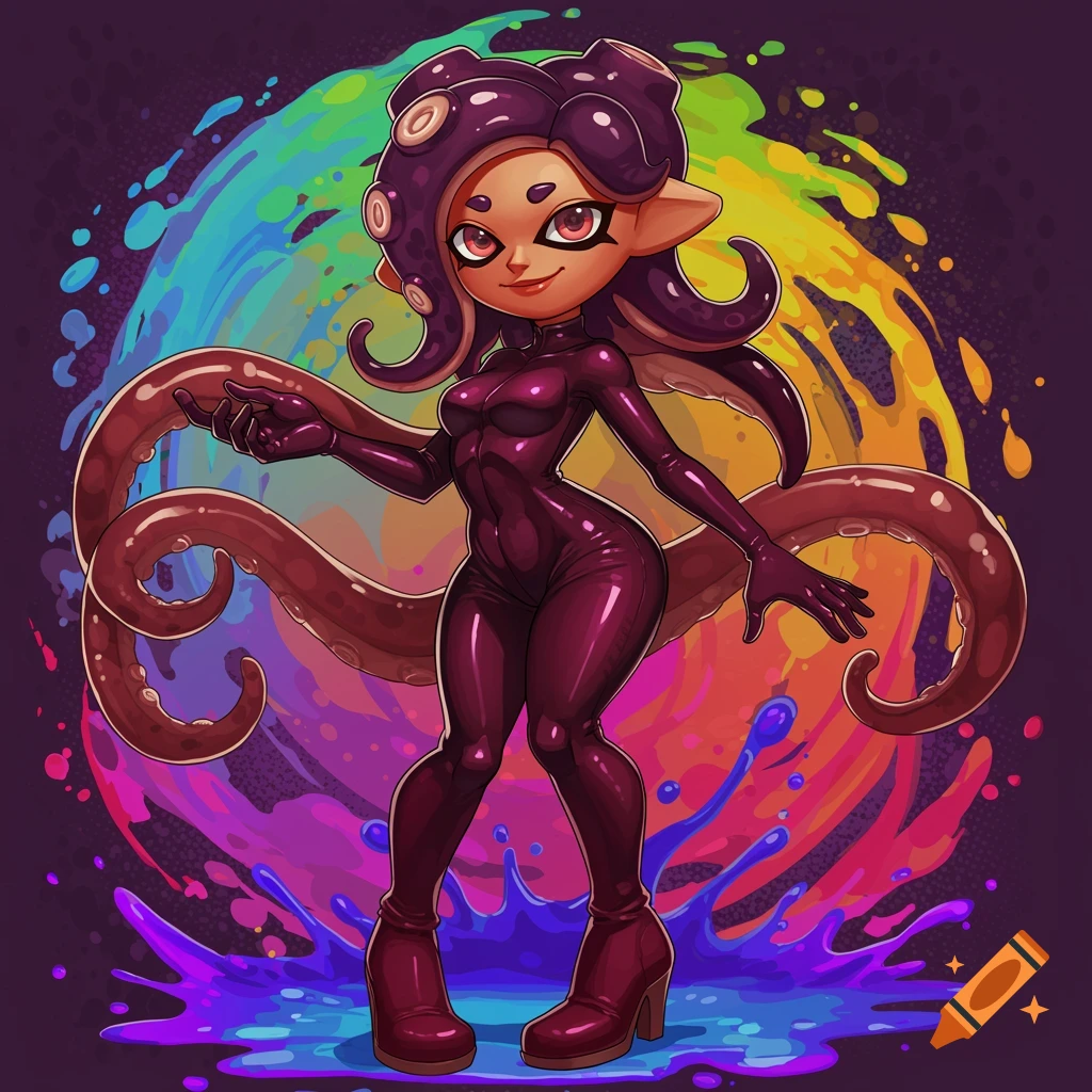 Stylized Octoling character in a shiny burgundy suit stands before a vibrant ink splash background.