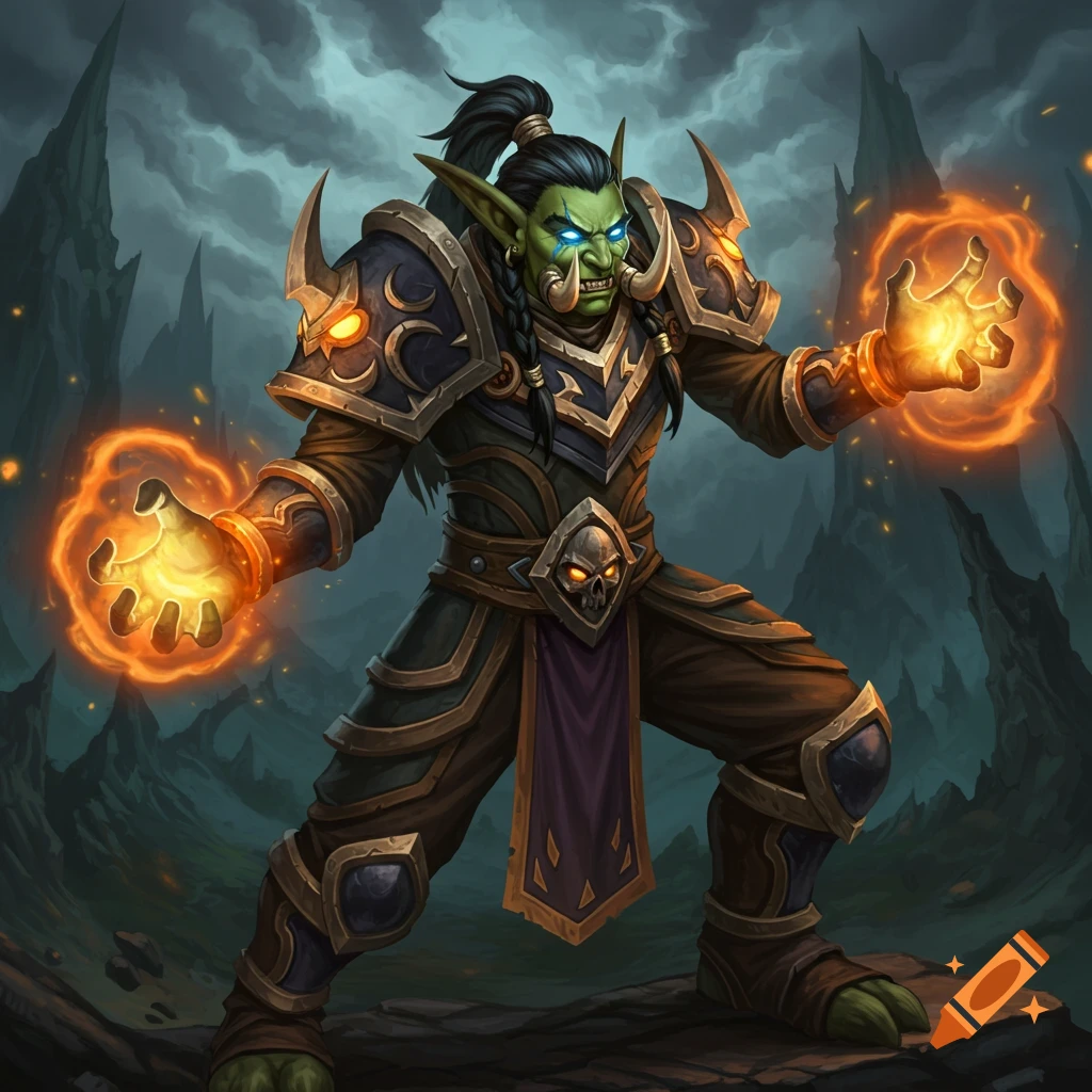 A fantasy character, possibly an orc or troll mage, stands in armor holding glowing magic in its hands.