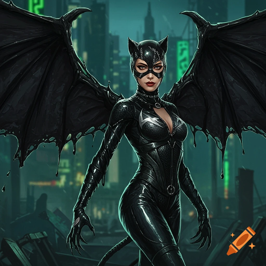 Catwoman in a black venom suit with slime wings stands in a dark city.