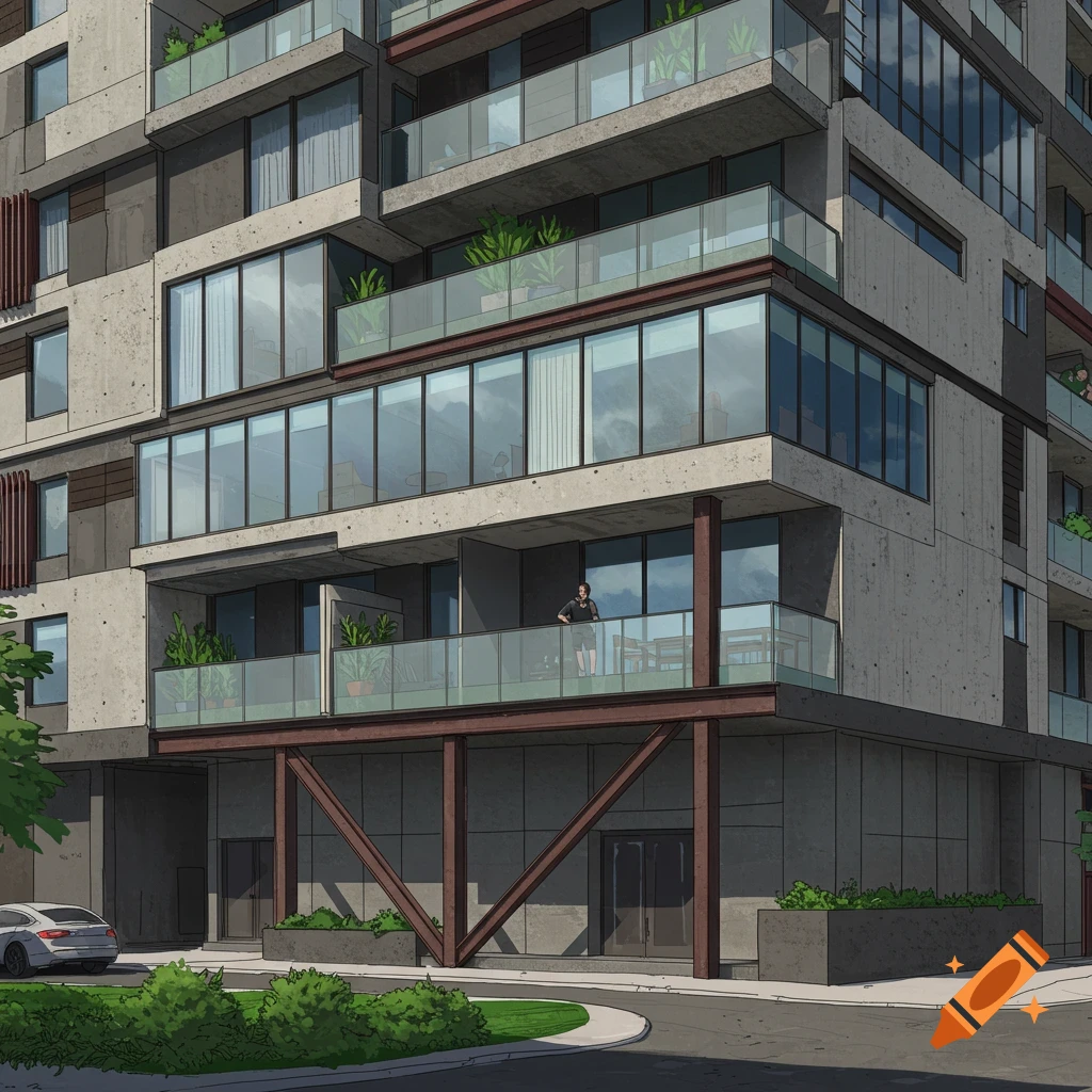 A modern apartment building with concrete, steel, and glass.