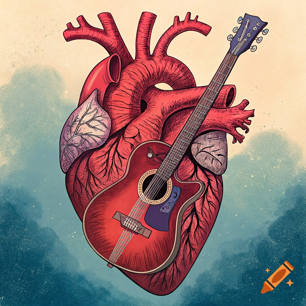 Illustration of a human heart with a red acoustic guitar resting on it, in a blue and beige background.