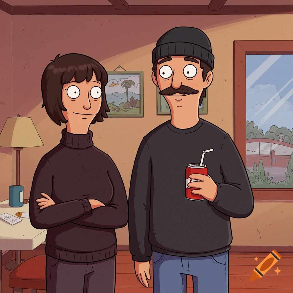 Cartoon illustration of two people in a Bob's Burgers style, a woman in a turtleneck and a man with a mustache holding a can.