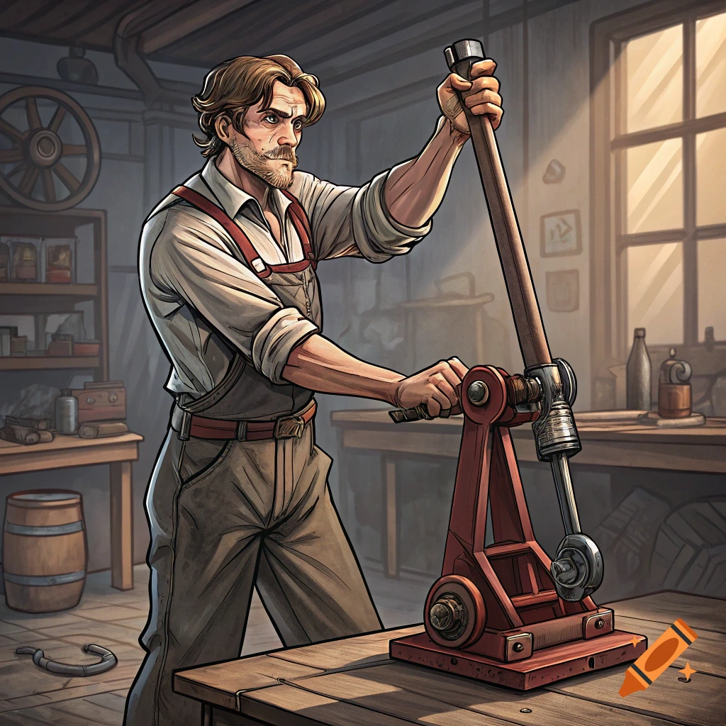Illustrative image of a man operating a large lever in a workshop.