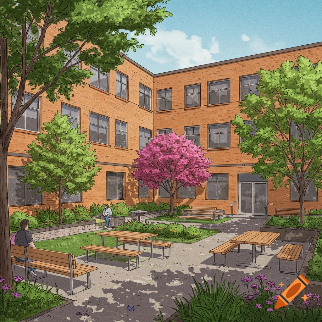 A courtyard with a brick building, benches, tables, and trees, including one with pink flowers.