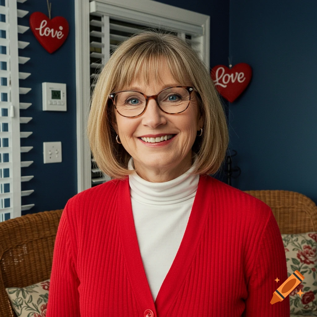 Portrait of a smiling woman with glasses wearing a red cardigan, in a room with heart decorations.